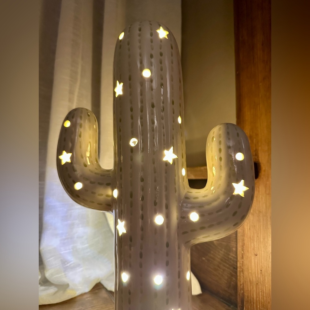 15” Light-Up Corded Ceramic Cactus Lamp in Cream/Sage Green - Picture 12 of 15